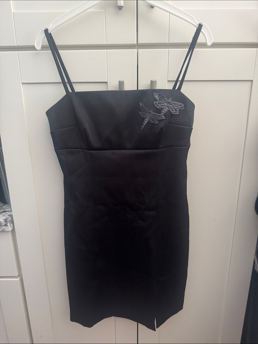 90s Hugo Buscati Black Spaghetti Strap Mini Dress with Embroidered Accent